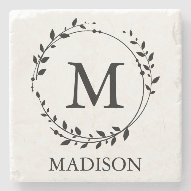Personalized Monogram Leafy Wreath Stone Coaster (Front)