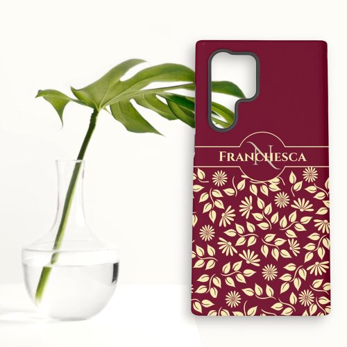 Personalized Monogram Leaves Daisies Burgundy Samsung Galaxy S22 Ultra Case