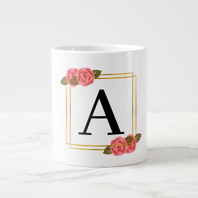 Personalized monogram letter A with golden frame  Giant Coffee Mug (Front)