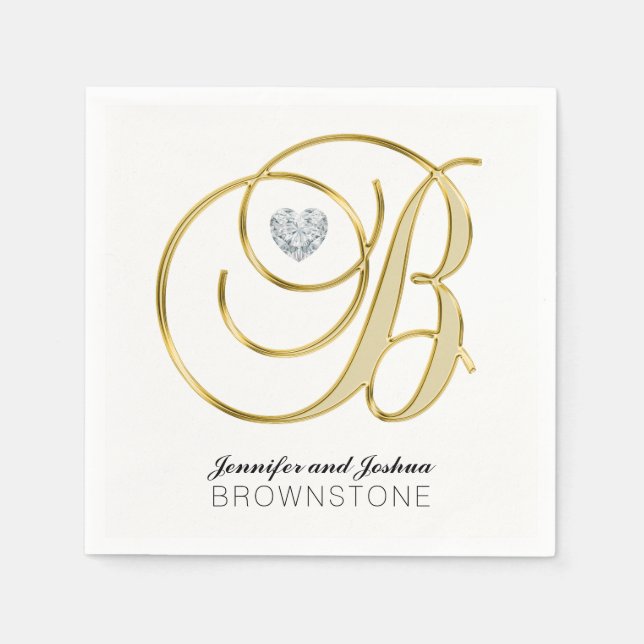 Personalized Monogram Letter B Gold White Wedding Paper Napkins (Front)