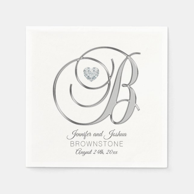 Personalized Monogram Letter B Silver Wedding Paper Napkins (Front)