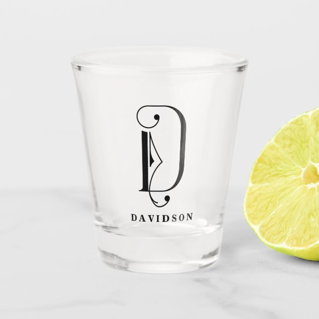 Personalized Monogram Letter D with Last Name Shot Glass (Front)