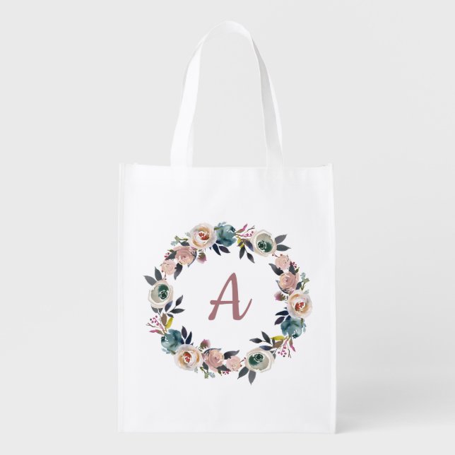 Personalized Monogram Letter Elegant Floral Ladies Grocery Bag (Front)