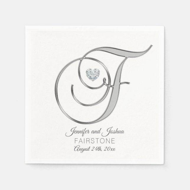 Personalized Monogram Letter F Silver Wedding Napkins (Front)