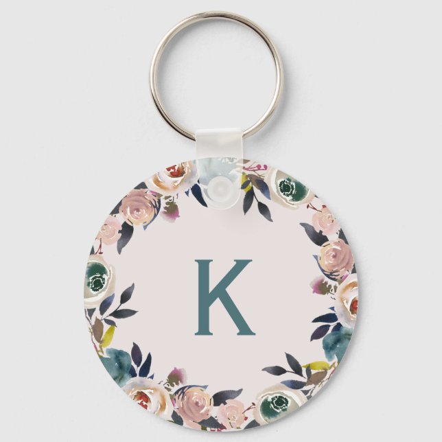 Personalized Monogram Letter Floral Chic Ladies Keychain (Front)
