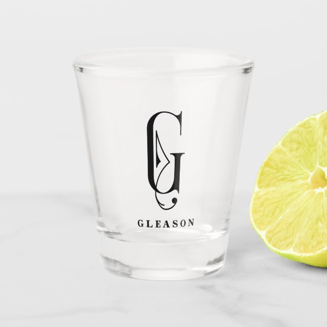 Personalized Monogram Letter G with Last Name Shot Glass (Front)