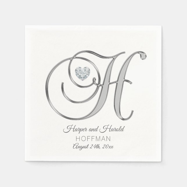 Personalized Monogram Letter H Silver Wedding Napkins (Front)