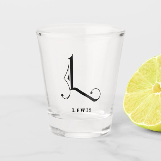 Personalized Monogram Letter L with Last Name Shot Glass (Front)