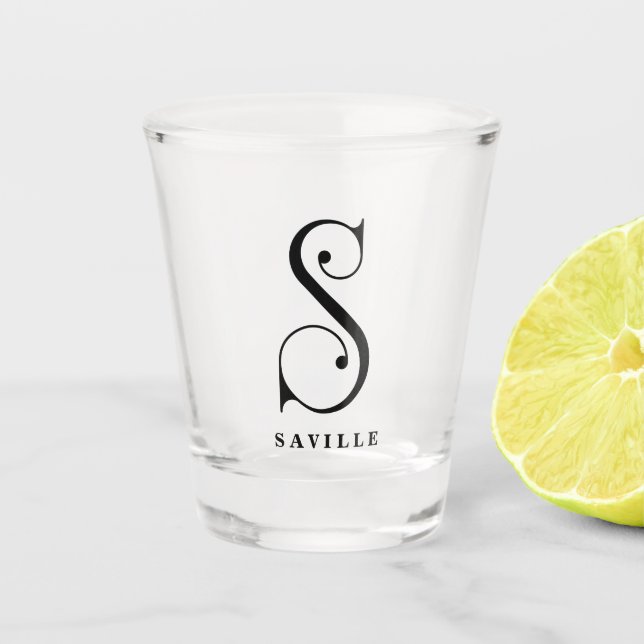 Personalized Monogram Letter S with Last Name Shot Glass (Front)