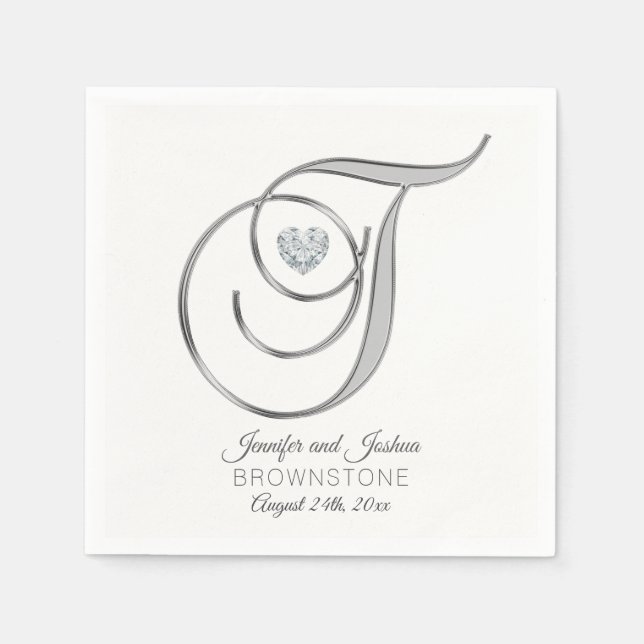 Personalized Monogram Letter T Silver Wedding Napkins (Front)