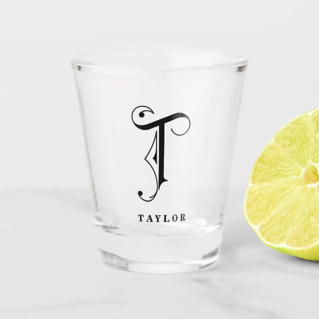 Personalized Monogram Letter T with Last Name Shot Glass (Front)