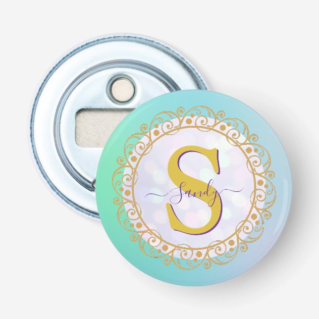 Personalized Monogram Mandala Gold and Blue Bottle Opener (Front)