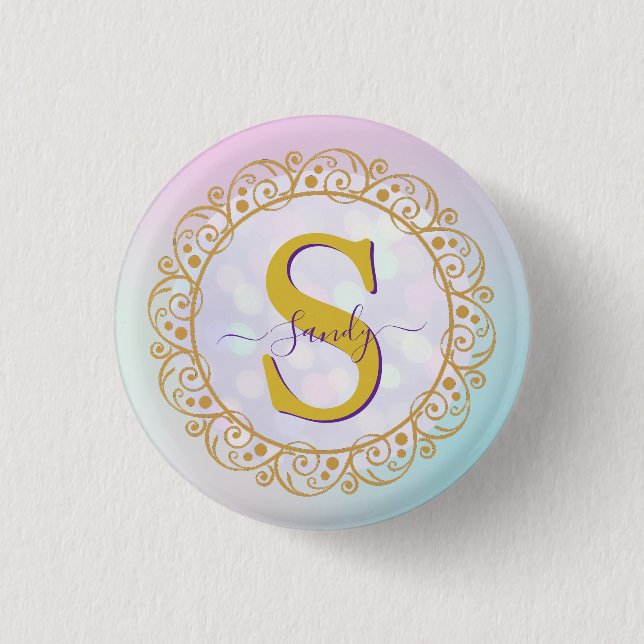 Personalized Monogram Mandala Gold and Blue Button (Front)