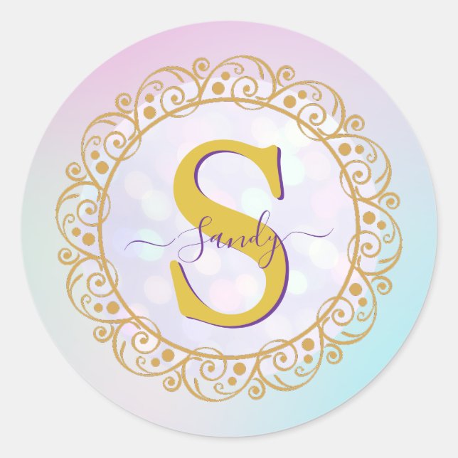 Personalized Monogram Mandala Gold and Blue Classic Round Sticker (Front)