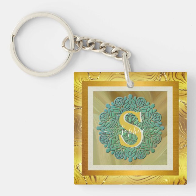 Personalized Monogram Mandala Gold and Blue Keychain (Front)