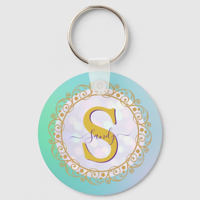 Personalized Monogram Mandala Gold and Blue Keychain (Front)