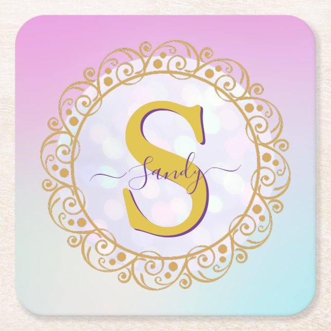 Personalized Monogram Mandala Gold and Blue Square Paper Coaster (Front)