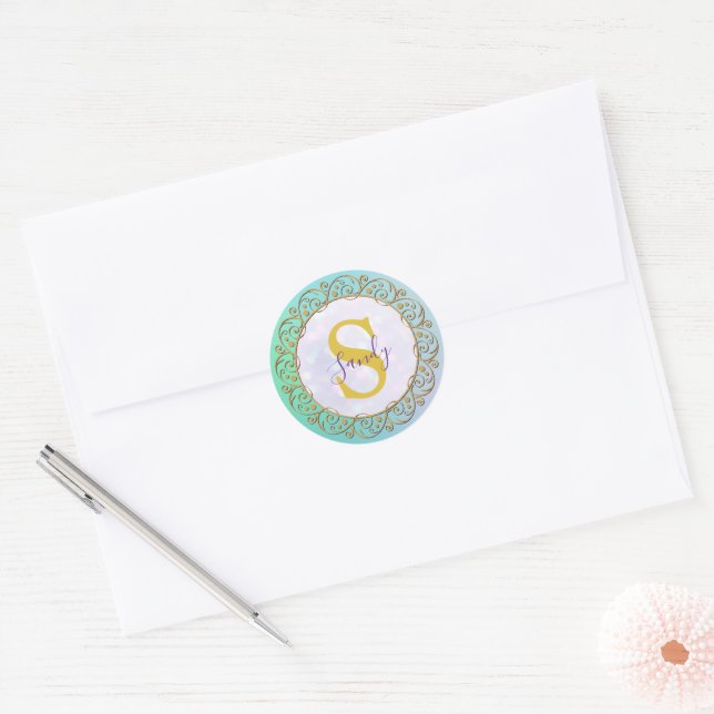Personalized Monogram Mandala Gold and turquoise Classic Round Sticker (Envelope)
