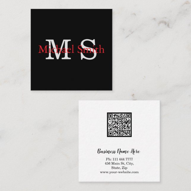 Personalized Monogram Minimalist B&W QR Code  Square Business Card (Front/Back)
