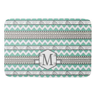 Personalized Monogram Mint Aztec Floral Pattern Bath Mat