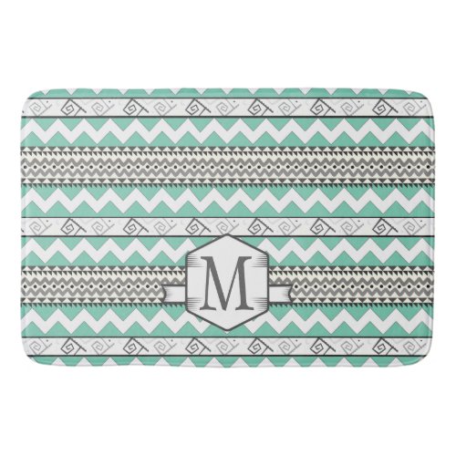 Personalized Monogram Mint Aztec Floral Pattern Bath Mat