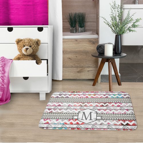 Personalized Monogram Mint Aztec Floral Pattern Bathroom Mat