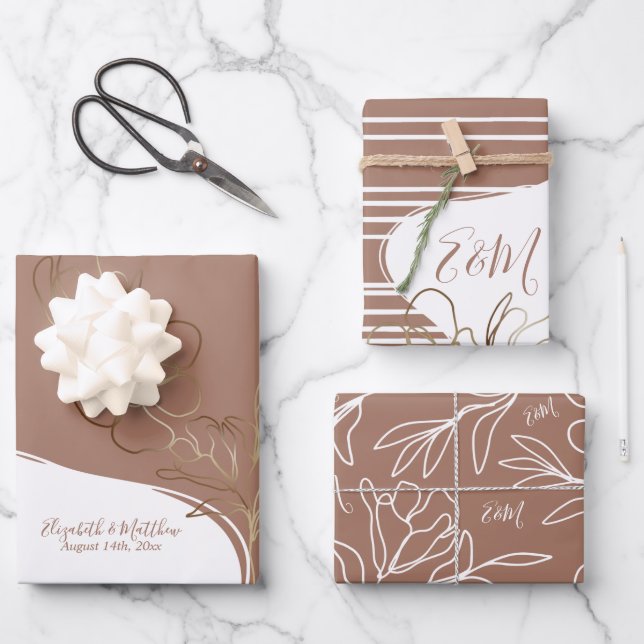 Personalized Monogram Mocha Brown Floral Wedding  Wrapping Paper Sheets (Front)