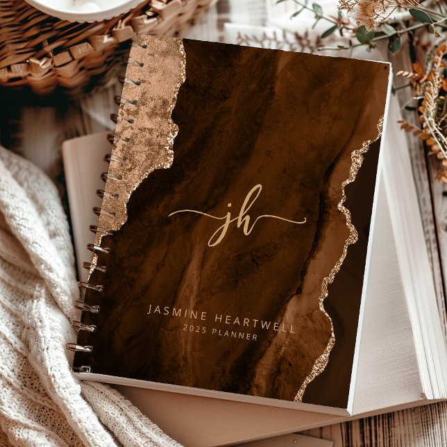 Personalized Monogram Mocha Brown Gold Agate 2027 Planner (Creator Uploaded)