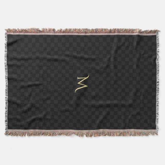 Personalized Monogram Modern Black Check Pattern Throw Blanket (Front)