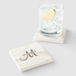 Personalized Monogram Modern Carrara Marble White Stone Coaster