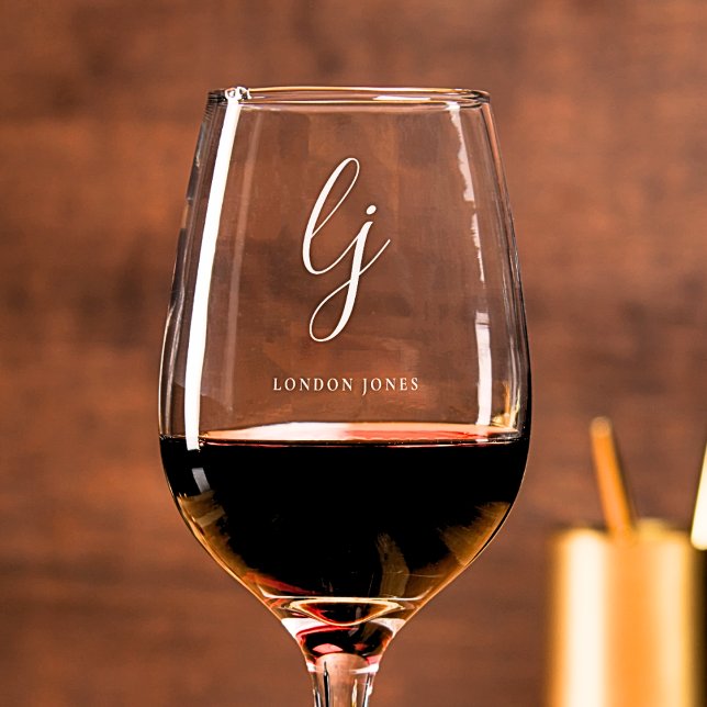 Personalized Monogram Modern Script Initials Name Wine Glass (Creator Uploaded)