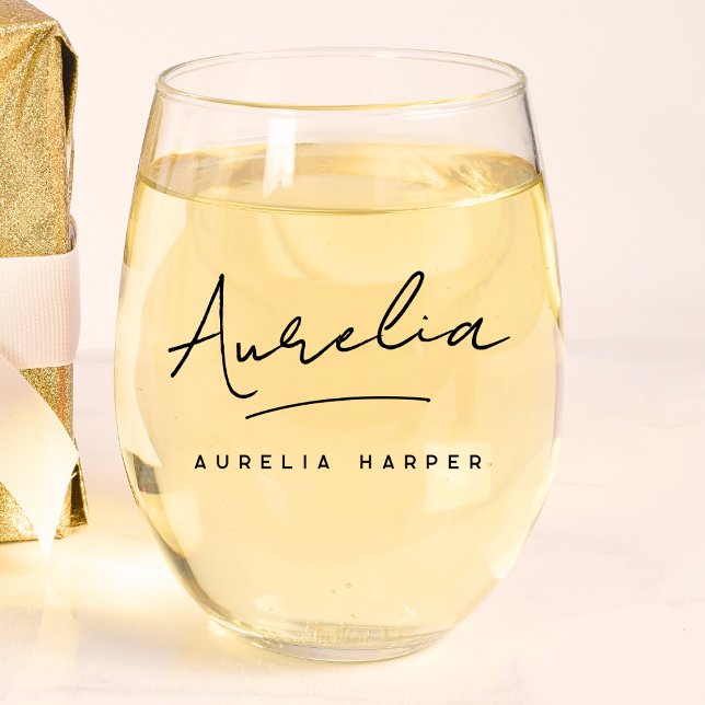 Personalized Monogram Modern Script Signature Name Stemless Wine Glass (Creator Uploaded)