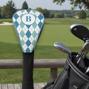 Personalized Monogram Modern Teal Argyle Pattern Golf Head Cover