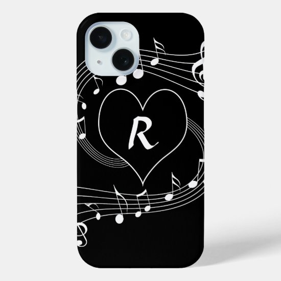 Personalized Monogram Musical notes heart iPhone 15 Case