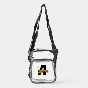 Personalized Monogram Name Black and Gold Clear Crossbody Bag