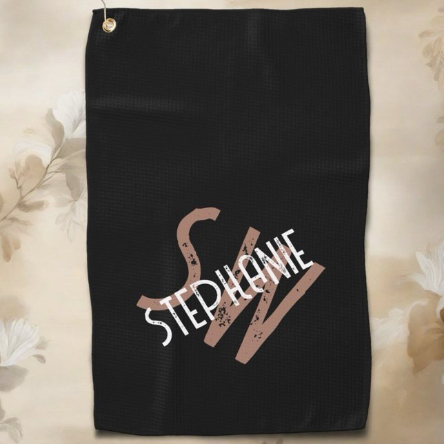 Personalized monogram name black white brown cool golf towel (Creator Uploaded)