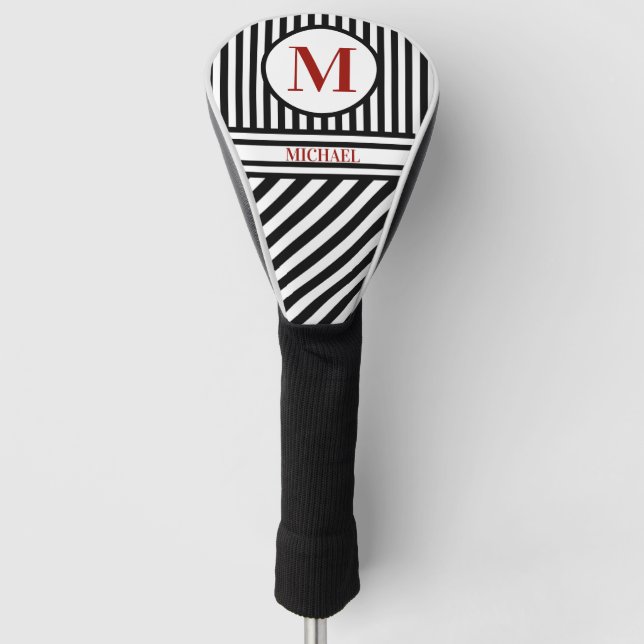 Personalized Monogram Name Black White Red Golf Head Cover (Front)