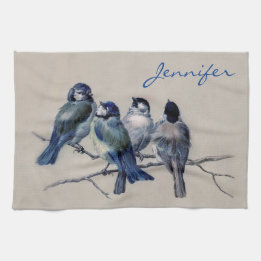 Personalized Monogram Name Blue Gray Birds Vintage Kitchen Towel