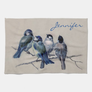 Personalized Monogram Name Blue Gray Birds Vintage Kitchen Towel