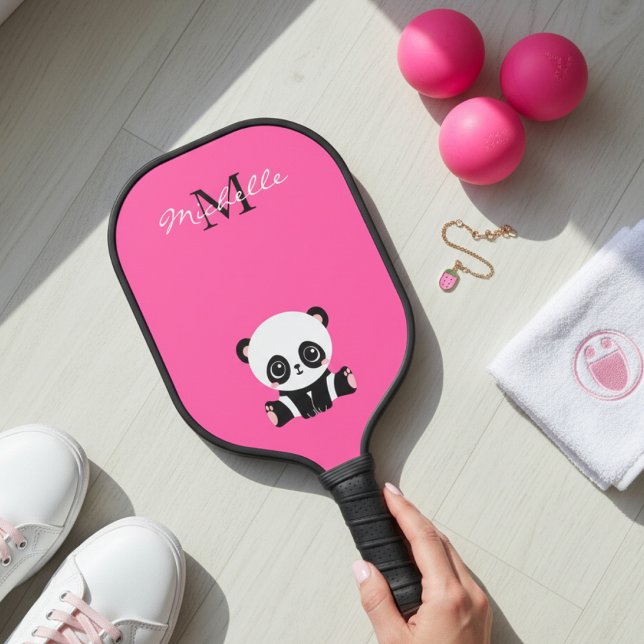 Personalized Monogram Name Cute Panda Pink Pickleball Paddle (Creator Uploaded)