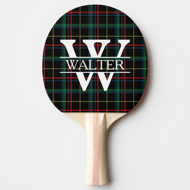 Personalized Monogram & Name Dark Plaid Ping Pong Paddle (Front)