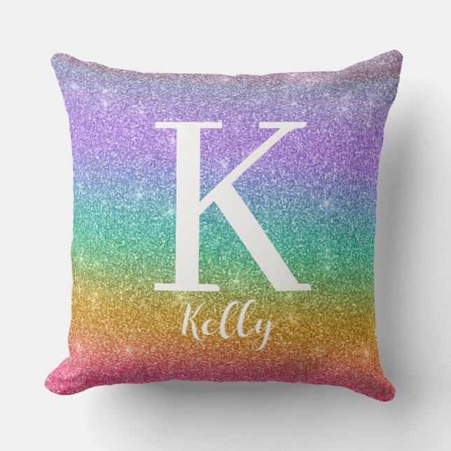 Personalized Monogram Name Faux Glitter Colorful Throw Pillow (Front)