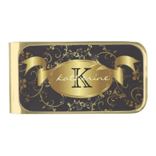 Personalized Monogram Name Gold Black Floral Finish Money Clip