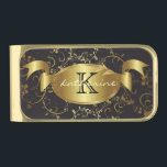Personalized Monogram Name Gold Black Floral Gold Finish Money Clip<br><div class="desc">Personalize it with your monogram/name or customize it further if you need to change the  font,  font color,  font size.</div>