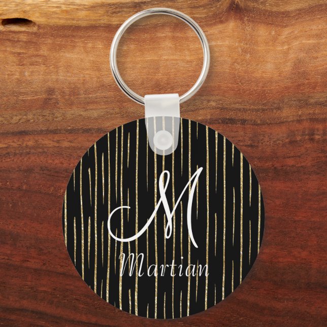 Personalized monogram name gold glitter &black keychain (Front)