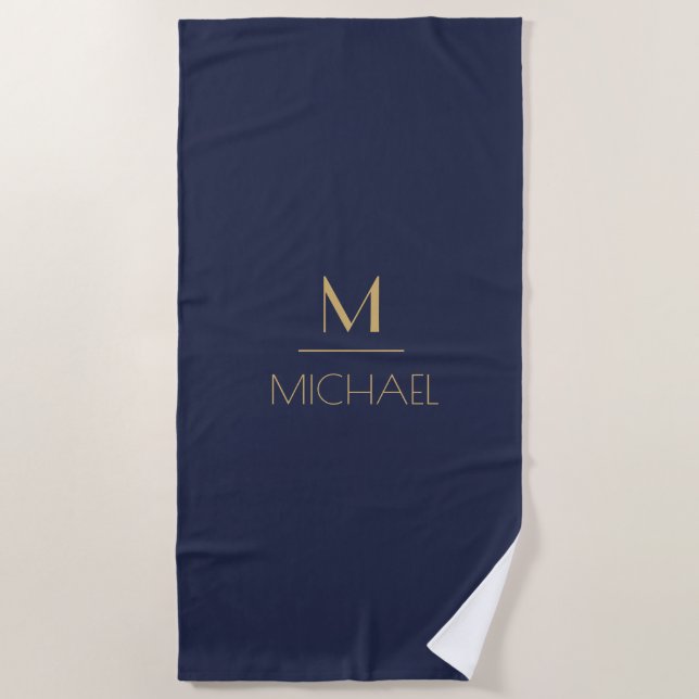 Personalized Monogram | Name Navy & Gold  Beach Towel (Front)