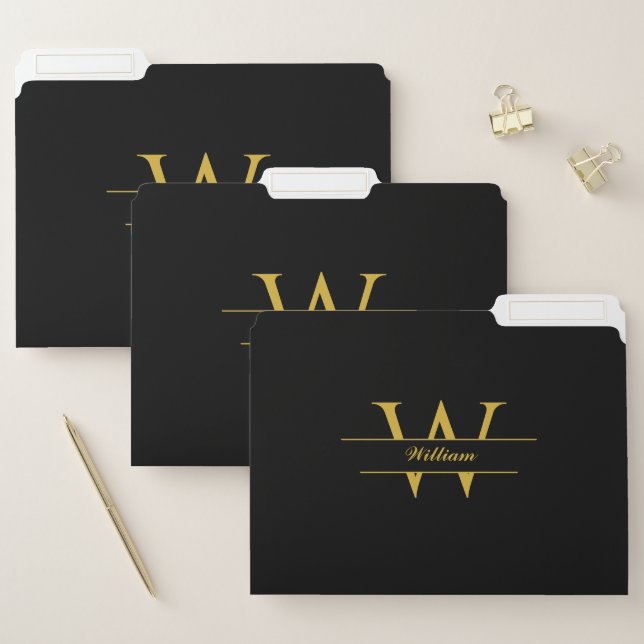 Personalized Monogram Name on Classic Black File Folder (Set)