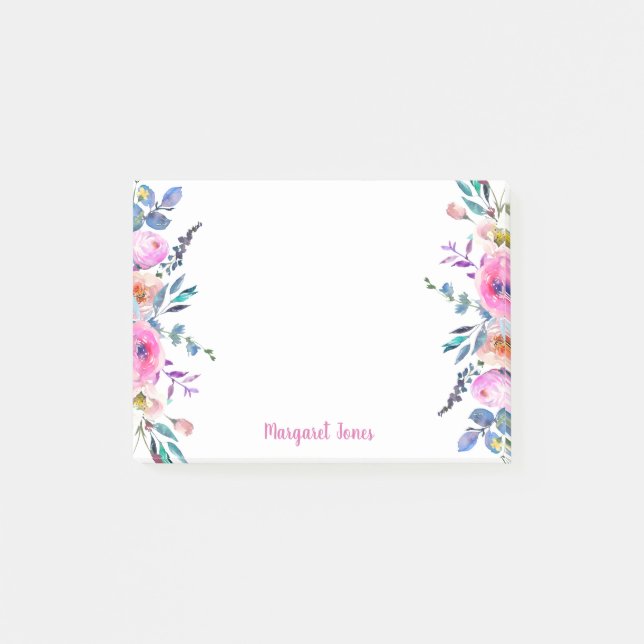 Personalized Monogram name Pink blue floral Post-it Notes (Front)