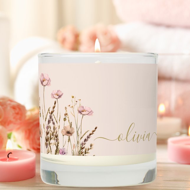 Personalized Monogram Name Pink Gold Wildflower Scented Candle (Creator Uploaded)