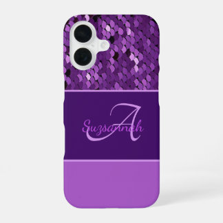 Personalized Monogram Name Purple Sequins Stripes iPhone 16 Case